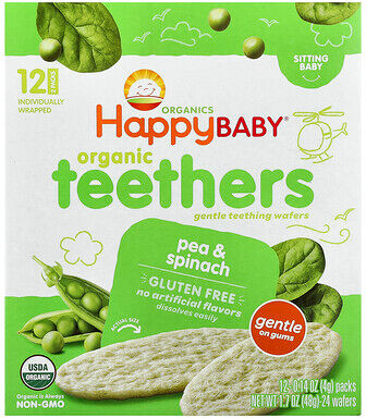 Happy Family Organics, Happy Baby®, Organic Teethers, Gentle Teething Wafers, Sitting Baby, Pea & Spinach, 12 Packs, 0.14 oz (4 g) Each