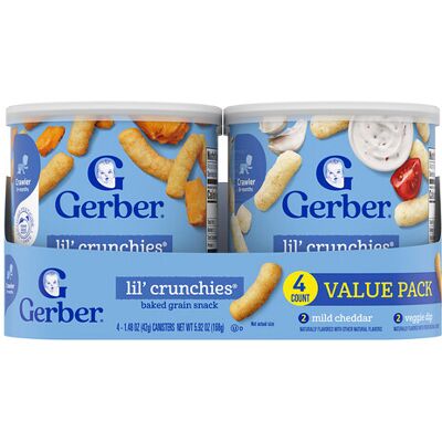 Gerber Lil' Crunchies®, Baked Grain Snack, 8+ Months, Mild Cheddar and Veggie Dip, 4 Canisters, 1.48 oz (42 g) Each Gerber Lil' Crunchies®, Baked Grain Snack, 8+ Months, Mild Cheddar and Veggie Dip, 4 Canisters, 1.48 oz (42 g) Each