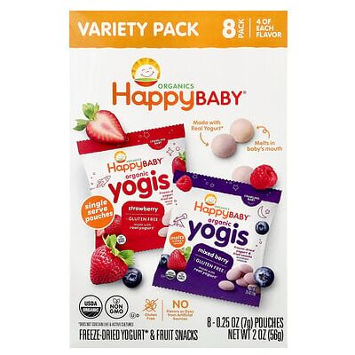 Happy Family Organics, Happy Baby®, Organic Yogis, Freeze Dried Yogurt & Fruit Snacks, Crawling Baby, Variety Pack, 8 Pouches, 0.25 oz (7 g) Each Happy Family Organics, Happy Baby®, Organic Yogis, Freeze Dried Yogurt & Fruit Snacks, Crawling Baby, Variety Pack, 8 Pouches, 0.25 oz (7 g) Each
