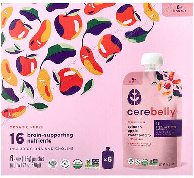 Cerebelly, Organic Puree, 6+ Months, Spinach, Apple, Sweet Potato, 6 Pouches, 4 oz (113 g) Each