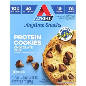 Atkins, Anytime Snacks, Protein Cookies, Chocolate Chip, 4 Cookies, 1.38 oz (39 g) Each Atkins, Anytime Snacks, Protein Cookies, Chocolate Chip, 4 Cookies, 1.38 oz (39 g) Each