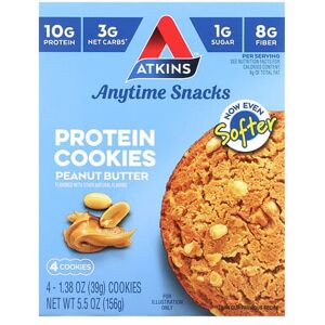Atkins, Anytime Snacks, Protein Cookies, Peanut Butter, 4 Cookies, 1.38 oz (39 g) Each Atkins, Anytime Snacks, Protein Cookies, Peanut Butter, 4 Cookies, 1.38 oz (39 g) Each