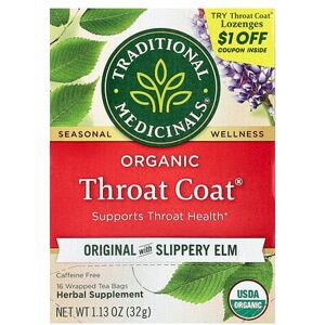 Traditional Medicinals, Organic Throat Coat®, Original with Slippery Elm, Caffeine Free, 16 Wrapped Tea Bags, 1.13 oz (32 g) Traditional Medicinals, Organic Throat Coat®, Original with Slippery Elm, Caffeine Free, 16 Wrapped Tea Bags, 1.13 oz (32 g)