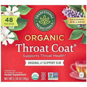 Traditional Medicinals, Organic Throat Coat®, Original with Slippery Elm, Caffeine Free, 48 Wrapped Tea Bags, 3.38 oz (96 g) Traditional Medicinals, Organic Throat Coat®, Original with Slippery Elm, Caffeine Free, 48 Wrapped Tea Bags, 3.38 oz (96 g)