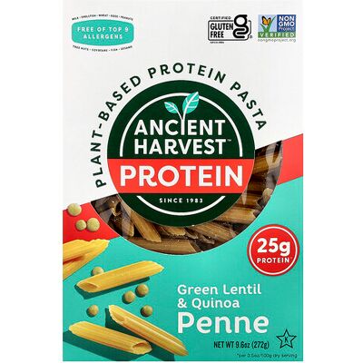 Ancient Harvest, Plant-Based Protein Pasta, Green Lentil & Quinoa Penne, 9.6 oz (272 g) Ancient Harvest, Plant-Based Protein Pasta, Green Lentil & Quinoa Penne, 9.6 oz (272 g)