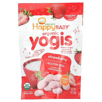 Happy Family Organics, Happy Baby®, Organic Yogis, Freeze Dried Yogurt & Fruit Snacks, Crawling Baby, Strawberry, 1 oz (28 g) Happy Family Organics, Happy Baby®, Organic Yogis, Freeze Dried Yogurt & Fruit Snacks, Crawling Baby, Strawberry, 1 oz (28 g)