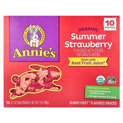 Annie's Homegrown, Organic Bunny Fruit™ Snacks, Summer Strawberry, 10 Pouches, 0.7 oz (19 g) Each Annie's Homegrown, Organic Bunny Fruit™ Snacks, Summer Strawberry, 10 Pouches, 0.7 oz (19 g) Each