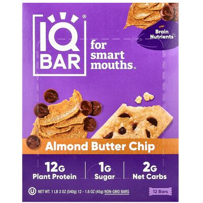 IQBAR, Plant Protein Bar, Almond Butter Chip, 12 Bars, 1.6 oz (45 g) Each IQBAR, Plant Protein Bar, Almond Butter Chip, 12 Bars, 1.6 oz (45 g) Each