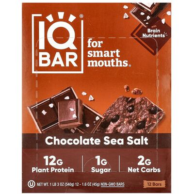 IQBAR, Plant Protein Bar, Chocolate Sea Salt, 12 Bars, 1.6 oz (45 g) Each IQBAR, Plant Protein Bar, Chocolate Sea Salt, 12 Bars, 1.6 oz (45 g) Each
