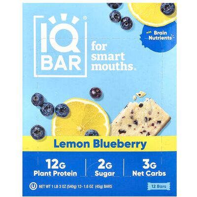 IQBAR, Plant Protein Bar, Lemon Blueberry, 12 Bars, 1.6 oz (45 g) Each IQBAR, Plant Protein Bar, Lemon Blueberry, 12 Bars, 1.6 oz (45 g) Each