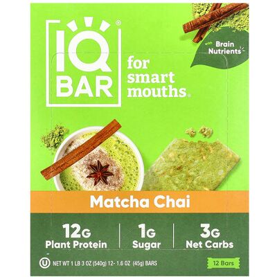 IQBAR, Plant Protein Bar, Matcha Chai, 12 Bars, 1.6 oz (45 g) Each IQBAR, Plant Protein Bar, Matcha Chai, 12 Bars, 1.6 oz (45 g) Each