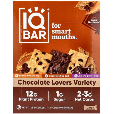 IQBAR, Plant Protein Bar, Chocolate Lovers Variety, 12 Bars, 1.6 oz (45 g) Each IQBAR, Plant Protein Bar, Chocolate Lovers Variety, 12 Bars, 1.6 oz (45 g) Each