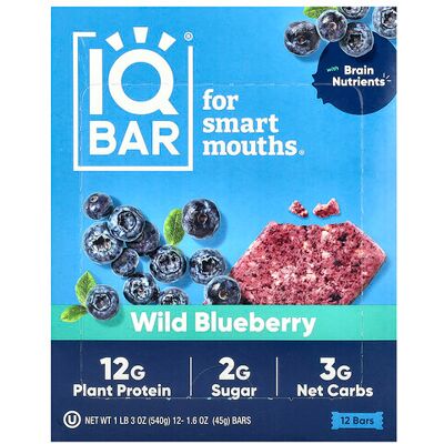 IQBAR, Plant Protein Bar, Wild Blueberry, 12 Bars, 1.6 oz (45 g) Each IQBAR, Plant Protein Bar, Wild Blueberry, 12 Bars, 1.6 oz (45 g) Each
