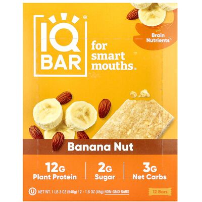 IQBAR, Plant Protein Bar, Banana Nut, 12 Bars, 1.6 oz (45 g) Each IQBAR, Plant Protein Bar, Banana Nut, 12 Bars, 1.6 oz (45 g) Each