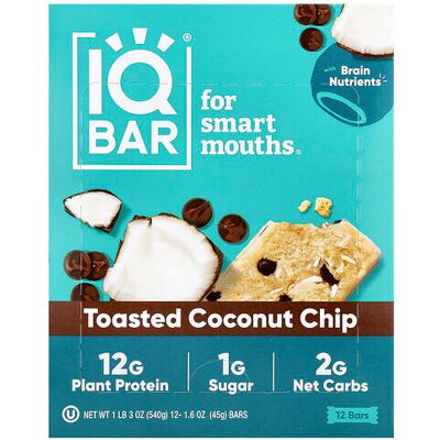 IQBAR, Plant Protein Bar, Toasted Coconut Chip, 12 Bars, 1.6 oz (45 g) Each IQBAR, Plant Protein Bar, Toasted Coconut Chip, 12 Bars, 1.6 oz (45 g) Each