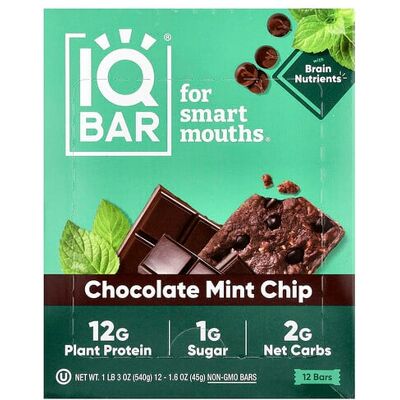 IQBAR, Plant Protein Bar, Chocolate Mint Chip, 12 Bars, 1.6 oz (45 g) Each IQBAR, Plant Protein Bar, Chocolate Mint Chip, 12 Bars, 1.6 oz (45 g) Each