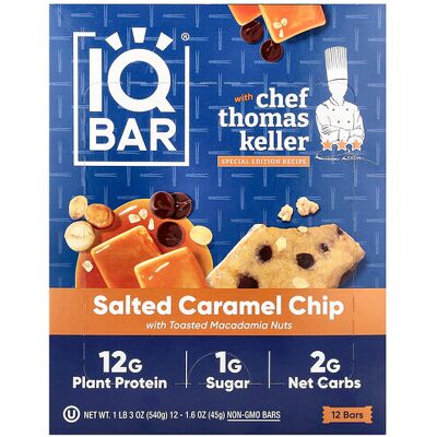 IQBAR, Plant Protein Bar, Salted Caramel Chip With Toasted Macadamia Nuts, 12 Bars, 1.6 oz (45 g) Each IQBAR, Plant Protein Bar, Salted Caramel Chip With Toasted Macadamia Nuts, 12 Bars, 1.6 oz (45 g) Each