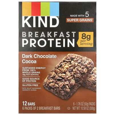KIND Bars, Breakfast Protein Bars, Dark Chocolate Cocoa, 6 Packs, 1.76 oz (50 g) Each KIND Bars, Breakfast Protein Bars, Dark Chocolate Cocoa, 6 Packs, 1.76 oz (50 g) Each