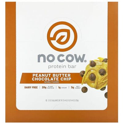 No Cow, Protein Bar, Peanut Butter Chocolate Chip, 12 Bars, 2.12 oz (60 g) Each No Cow, Protein Bar, Peanut Butter Chocolate Chip, 12 Bars, 2.12 oz (60 g) Each