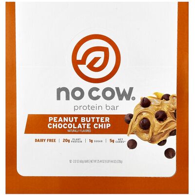 No Cow, Protein Bar, Peanut Butter Chocolate Chip, 12 Bars, 2.12 oz (60 g) Each No Cow, Protein Bar, Peanut Butter Chocolate Chip, 12 Bars, 2.12 oz (60 g) Each