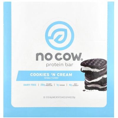 No Cow, Protein Bar, Cookies'N Cream, 12 Bars, 2.12 oz (60 g) Each No Cow, Protein Bar, Cookies'N Cream, 12 Bars, 2.12 oz (60 g) Each