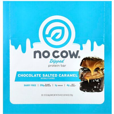 No Cow, Dipped Protein Bar, Chocolate Salted Caramel, 12 Bars, 2.12 oz (60 g) Each No Cow, Dipped Protein Bar, Chocolate Salted Caramel, 12 Bars, 2.12 oz (60 g) Each
