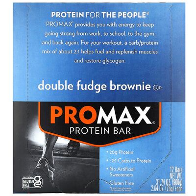 NuGo Nutrition, ProMax Protein Bar, Double Fudge Brownie, 12 Bars, 2.64 oz (75 g) Each NuGo Nutrition, ProMax Protein Bar, Double Fudge Brownie, 12 Bars, 2.64 oz (75 g) Each