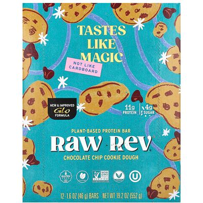 Raw Rev, Plant-Based Protein Bar, Chocolate Chip Cookie Dough, 12 Bars, 1.6 oz (46 g) Each Raw Rev, Plant-Based Protein Bar, Chocolate Chip Cookie Dough, 12 Bars, 1.6 oz (46 g) Each