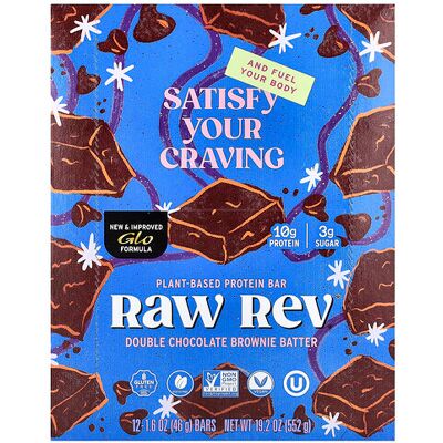 Raw Rev, Plant-Based Protein Bar, Double Chocolate Brownie Batter, 12 Bars, 1.6 oz (46 g) Each Raw Rev, Plant-Based Protein Bar, Double Chocolate Brownie Batter, 12 Bars, 1.6 oz (46 g) Each