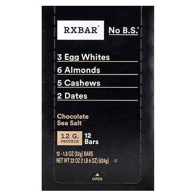 RXBAR, Protein Bar, Chocolate Sea Salt, 12 Bars, 1.8 oz (52 g) Each RXBAR, Protein Bar, Chocolate Sea Salt, 12 Bars, 1.8 oz (52 g) Each