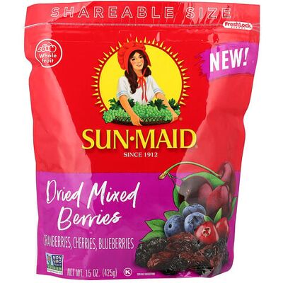 Sun Maid, Dried Mixed Berries, Cranberries, Cherries & Blueberries, 15 oz (425 g) Sun Maid, Dried Mixed Berries, Cranberries, Cherries & Blueberries, 15 oz (425 g)