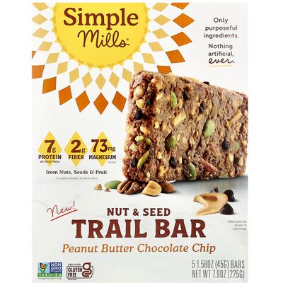 Simple Mills, Nut & Seed Trail Bar, Peanut Butter Chocolate Chip, 5 Bars, 1.58 oz (45 g) Each Simple Mills, Nut & Seed Trail Bar, Peanut Butter Chocolate Chip, 5 Bars, 1.58 oz (45 g) Each