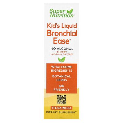 Super Nutrition, Kid's Liquid Bronchial Ease with Lovage Root, Fresh Yerba Santa Leaf, Licorice Root, and Mullein Leaf, No Alcohol, Cherry, 1 fl oz (30 ml) Super Nutrition, Kid's Liquid Bronchial Ease with Lovage Root, Fresh Yerba Santa Leaf, Licorice Root, and Mullein Leaf, No Alcohol, Cherry, 1 fl oz (30 ml)