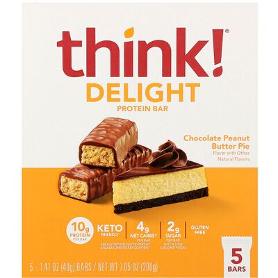 Think !, Delight Protein Bar, Chocolate Peanut Butter Pie, 5 Bars, 1.41 oz (40 g) Each Think !, Delight Protein Bar, Chocolate Peanut Butter Pie, 5 Bars, 1.41 oz (40 g) Each