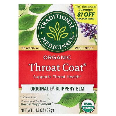 Traditional Medicinals, Organic Throat Coat®, Original with Slippery Elm, Caffeine Free, 16 Wrapped Tea Bags, 1.13 oz (32 g) Traditional Medicinals, Organic Throat Coat®, Original with Slippery Elm, Caffeine Free, 16 Wrapped Tea Bags, 1.13 oz (32 g)