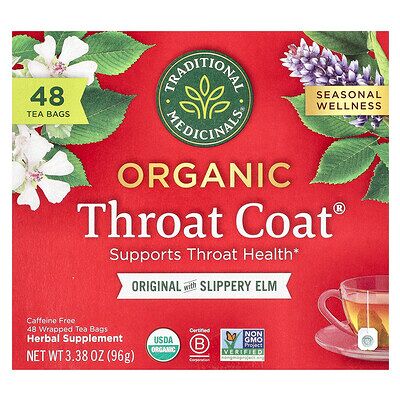 Traditional Medicinals, Organic Throat Coat®, Original with Slippery Elm, Caffeine Free, 48 Wrapped Tea Bags, 3.38 oz (96 g) Traditional Medicinals, Organic Throat Coat®, Original with Slippery Elm, Caffeine Free, 48 Wrapped Tea Bags, 3.38 oz (96 g)