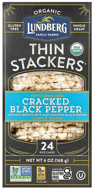 Lundberg, Organic Thin Stackers, Puffed Grain Cakes, Cracked Black Pepper, Lightly Salted, 24 Rice Cakes, 6 oz (168 g)