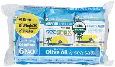 SeaSnax, Organic Seaweed, Extra Virgin Olive Oil & Sea Salt, 6 Pack, 0.18 oz (5 g) Each