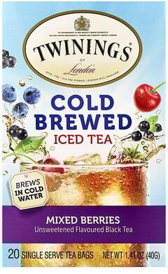 Twinings, Cold Brewed Iced Tea, Black Tea, Unsweetened, Mixed Berries, 20 Single Serve Tea Bags, 1.41 oz (40 g)