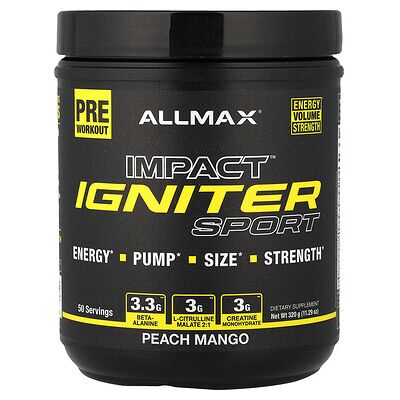 ALLMAX, IMPACT™ IGNITER Sport, Pre-Workout, Peach Mango, 11.29 oz (320 g) ALLMAX, IMPACT™ IGNITER Sport, Pre-Workout, Peach Mango, 11.29 oz (320 g)