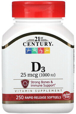 21st Century, Vitamin D3, 25 mcg (1,000 IU), 250 Rapid Release Softgels