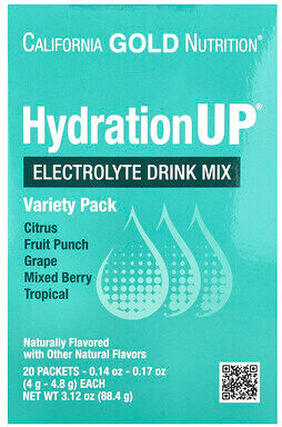 California Gold Nutrition, HydrationUP®, Electrolyte Drink Mix with Calcium Lactate, Vitamins C & E, Variety Pack, 20 Packets, 0.14 oz - 0.17 oz (4 g - 4.8 g) Each
