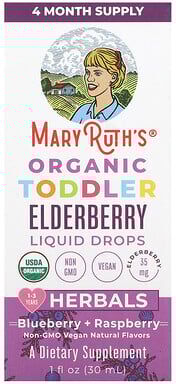 MaryRuth's, Organic Toddler Elderberry Liquid Drops, Blueberry + Raspberry, 35 mg, 1 fl oz (30 ml)