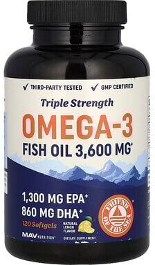 MAV Nutrition, Omega-3 Fish Oil, Triple Strength, Natural Lemon, 120 Softgels