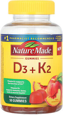 Nature Made, Vitamin D3 + K2 Gummies, Peach, 50 Gummies