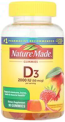 Nature Made, Vitamin D3 Gummies, Strawberry, Peach & Mango, 90 Gummies, (25 mcg (1,000 IU) per Gummy)