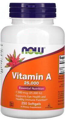 NOW Foods, Vitamin A, 7,500 mcg (25,000 IU), 250 Softgels