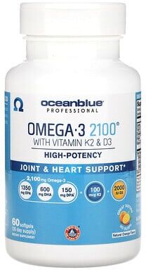 OceanBlue, Professional, Omega-3 2100 With Vitamin K2 & D3, High-Potency, Natural Orange, 60 Softgels