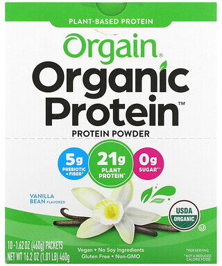 Orgain, Organic Protein Powder, Plant-Based, Vanilla Bean, 10 Packets, 1.62 oz (46 g) Each