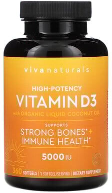 Viva Naturals, Vitamin D3 with Organic Liquid Coconut Oil, High-Potency, 5,000 IU, 360 Softgels